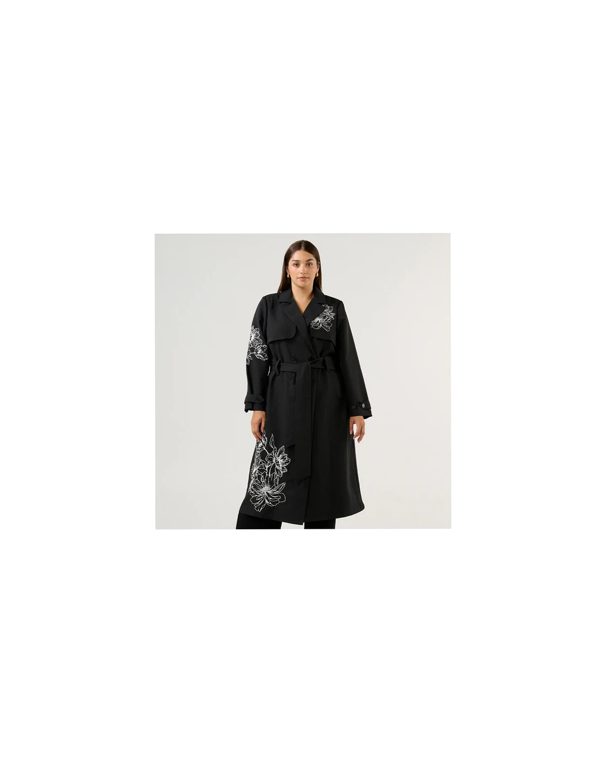 Plus Size Monet Embroidered Belted Full-Length Trench