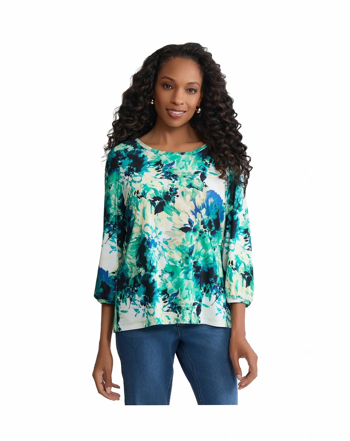 Women's 3/4-Sleeve Crewneck Puff Cuff Printed Top
