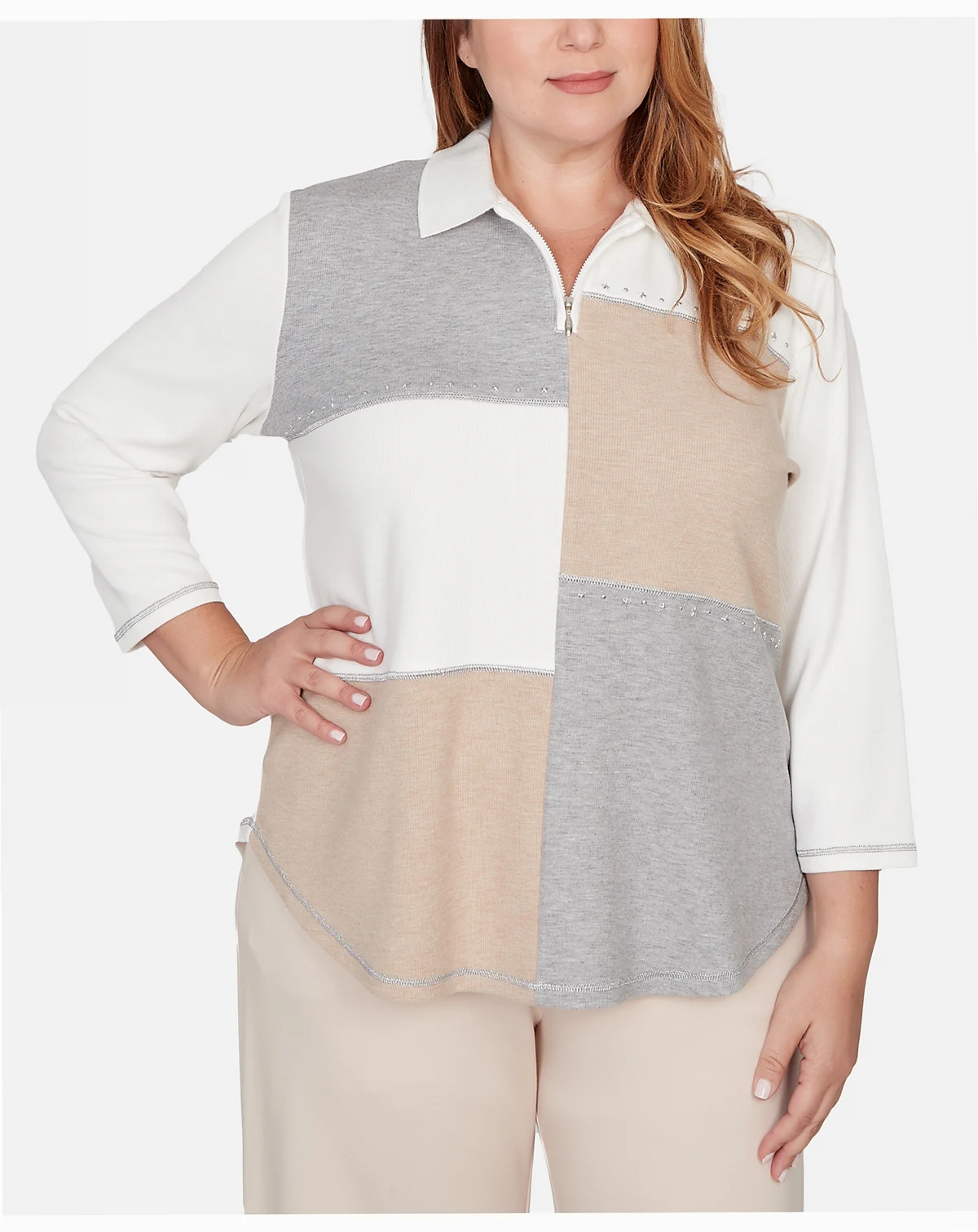 Plus Size Comfort & Joy Colorblock Quarter Zip Patchwork Top
