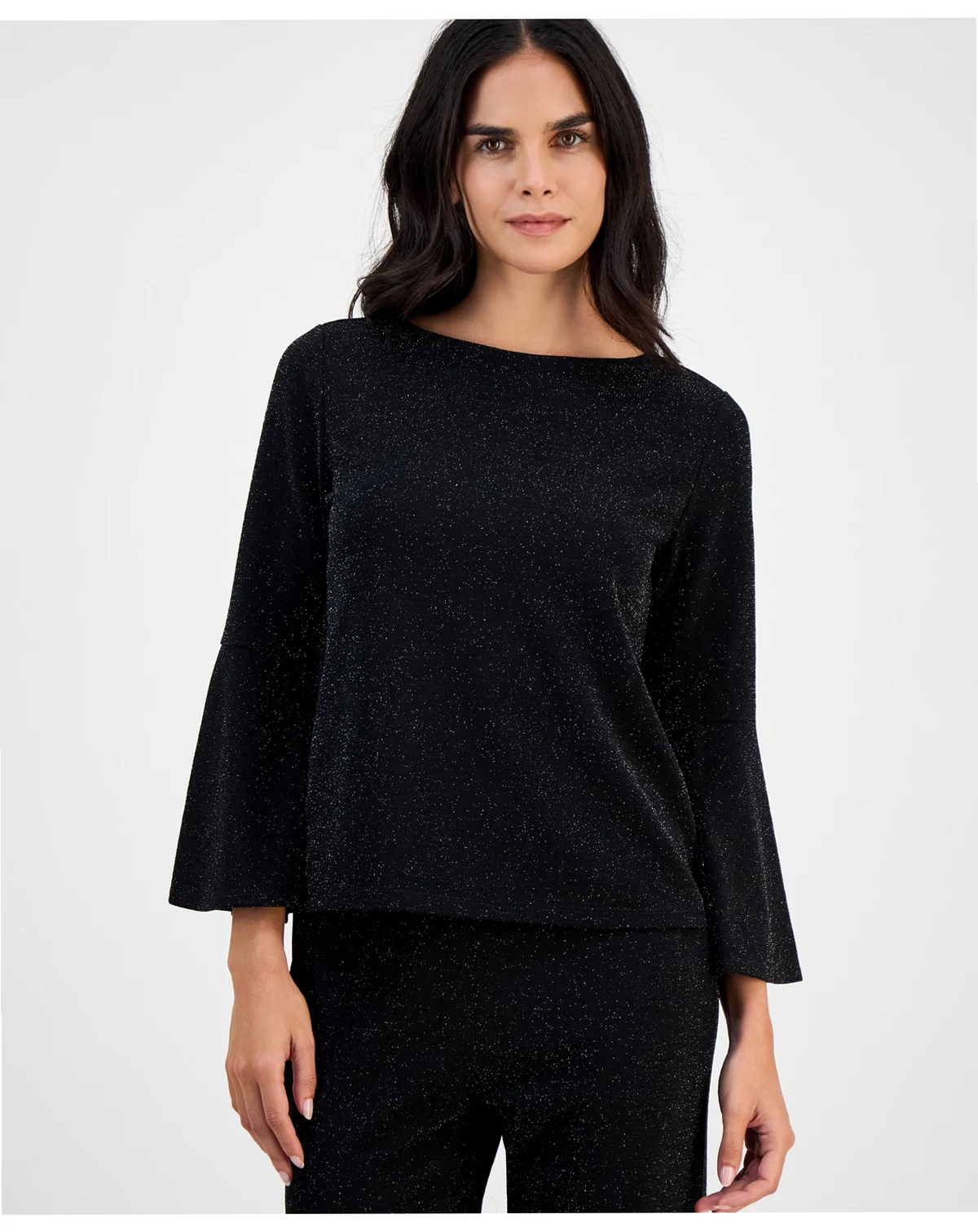 AK Anne Klein Petite Boat-Neck Long-Bell-Sleeve Top