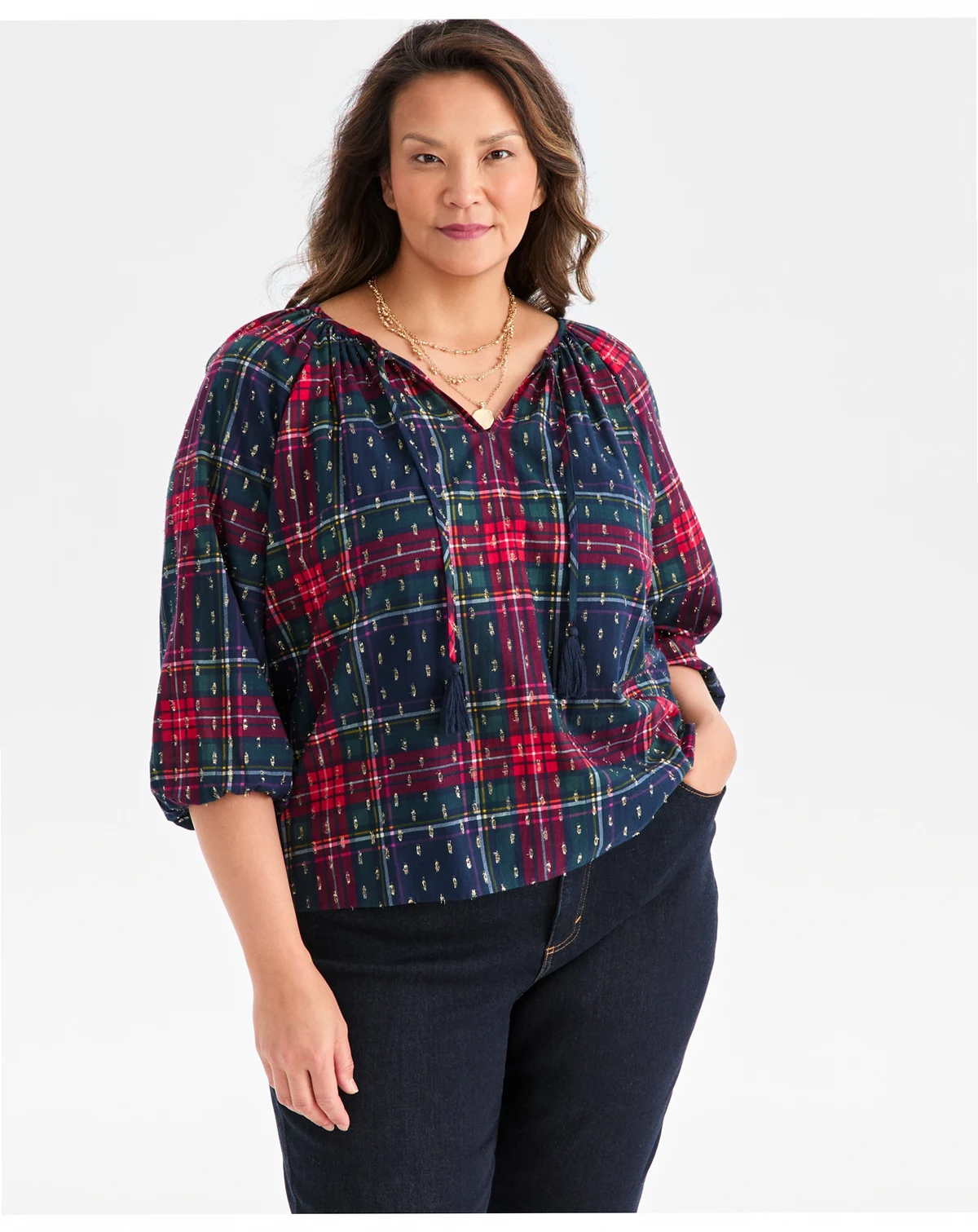 Plus Size V-Neck Plaid Bubble-Sleeve Blouse, Macy's Exclusive