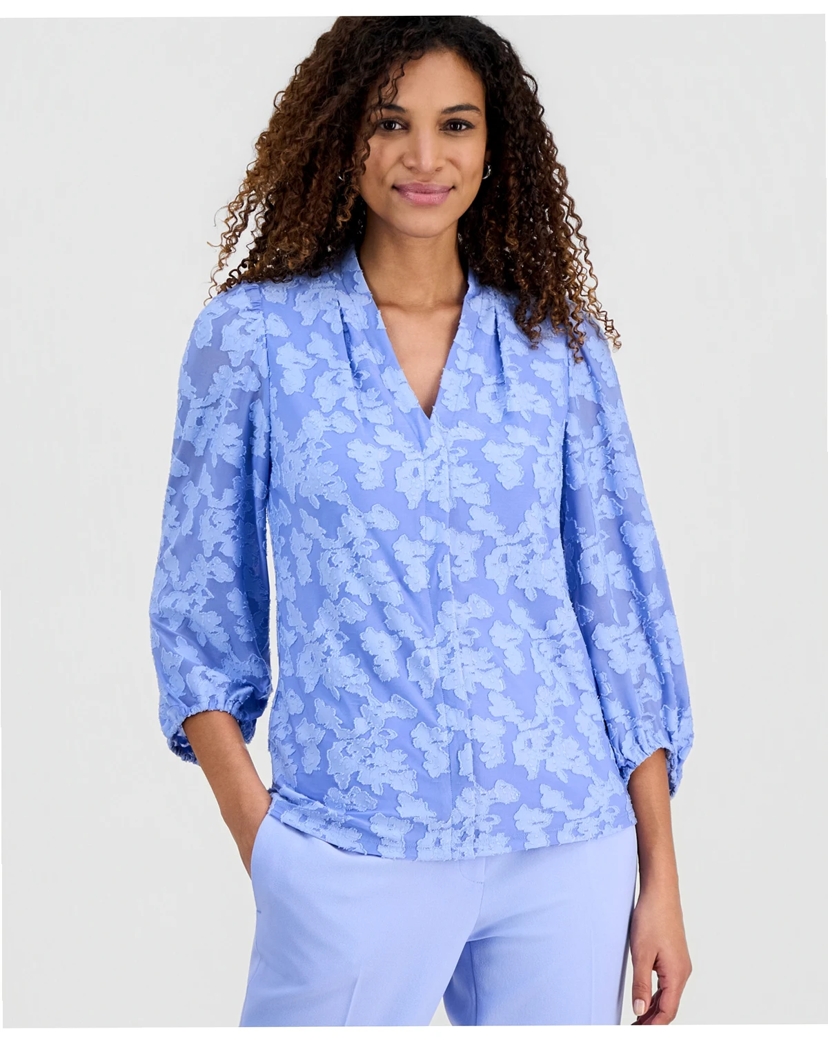 Women's Burnout Floral V-Neck Blouse with 3/4 Balloon Sleeves, Regular & Petite