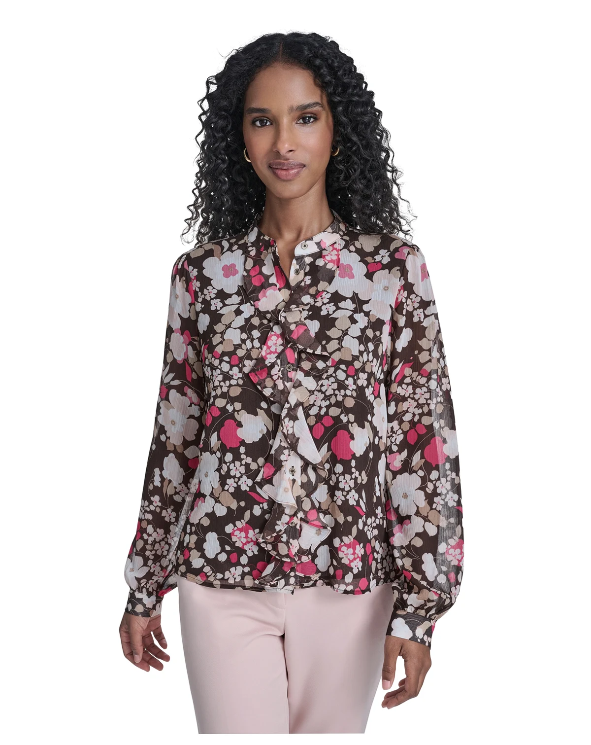 Women's Floral Ruffle Placket Top