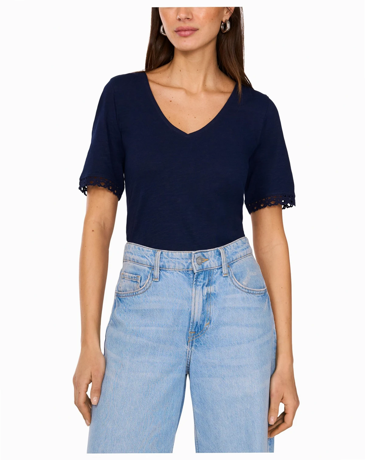 Women's Cotton V-Neck Crochet-Trim Top