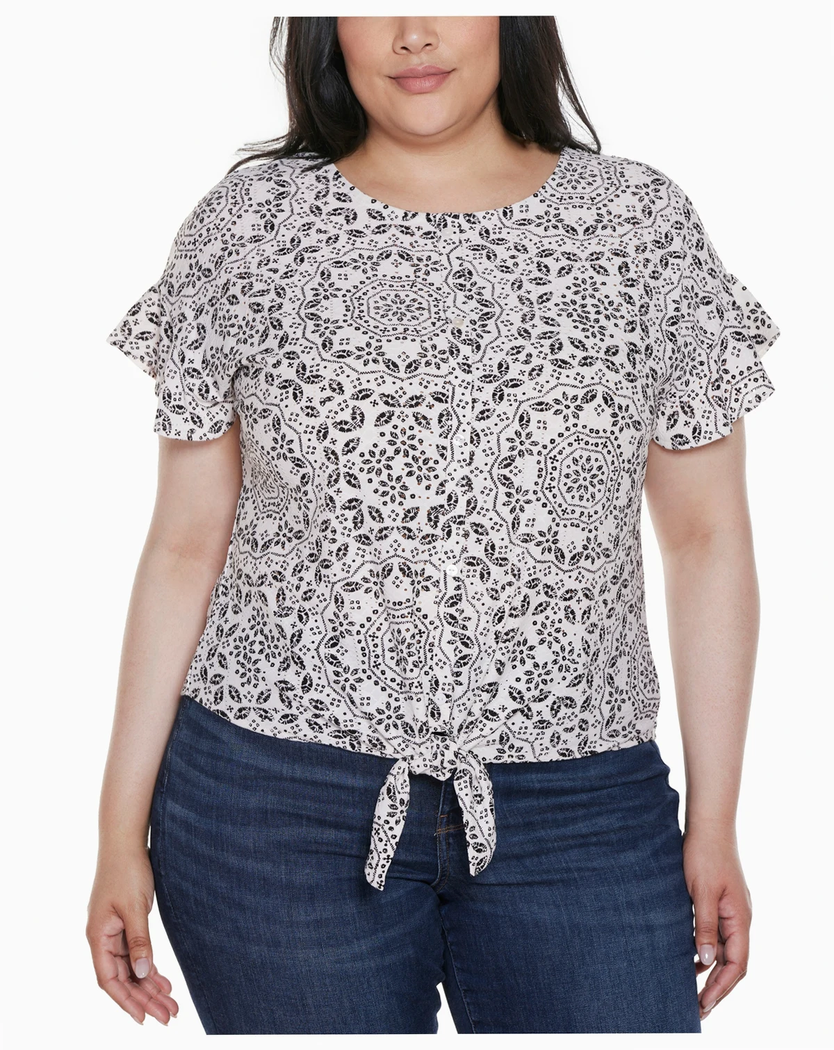Plus Size Printed Eyelet Tie-Front Knit Top