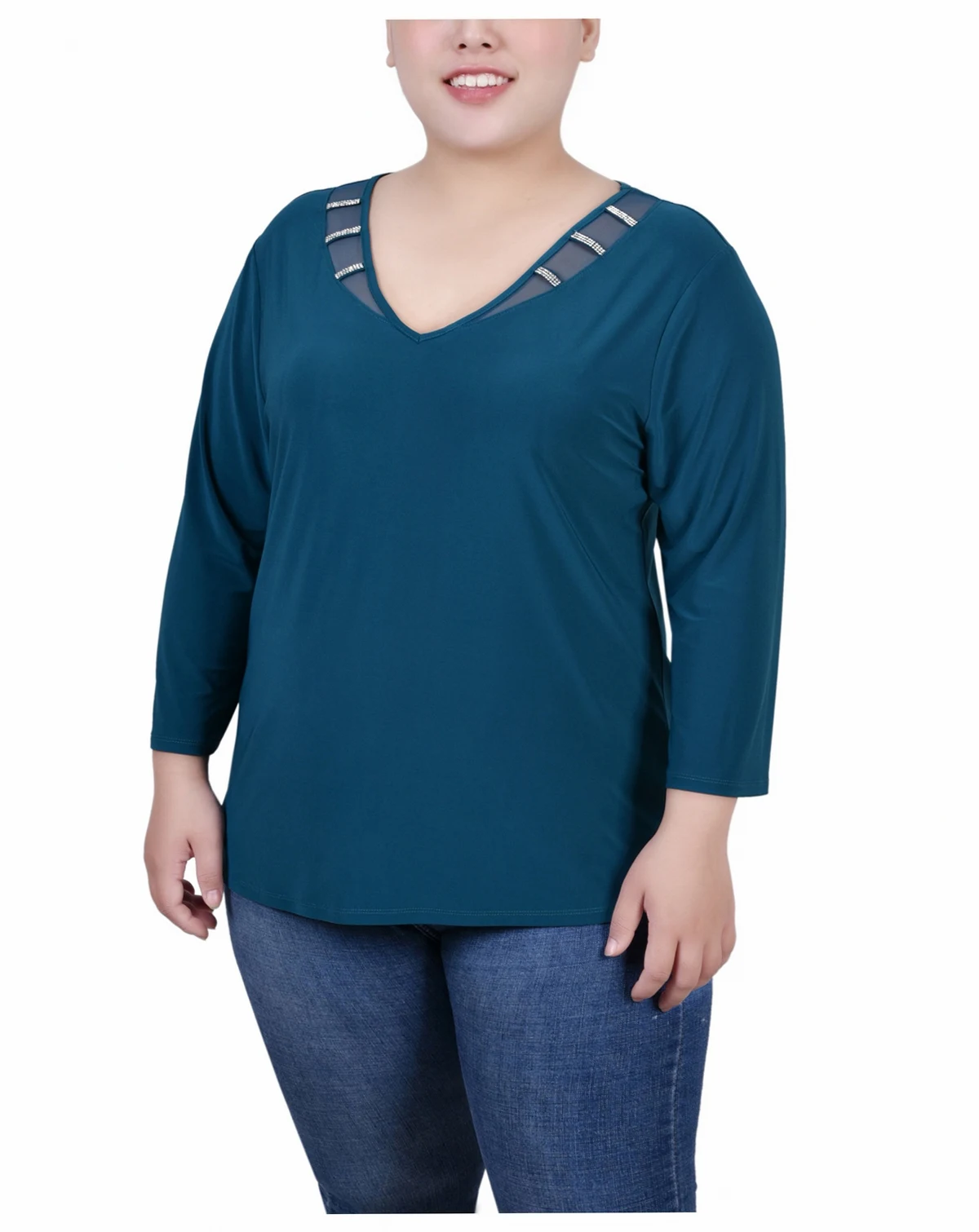 Plus Size Tunic Top with Illusion Neckline and Stones