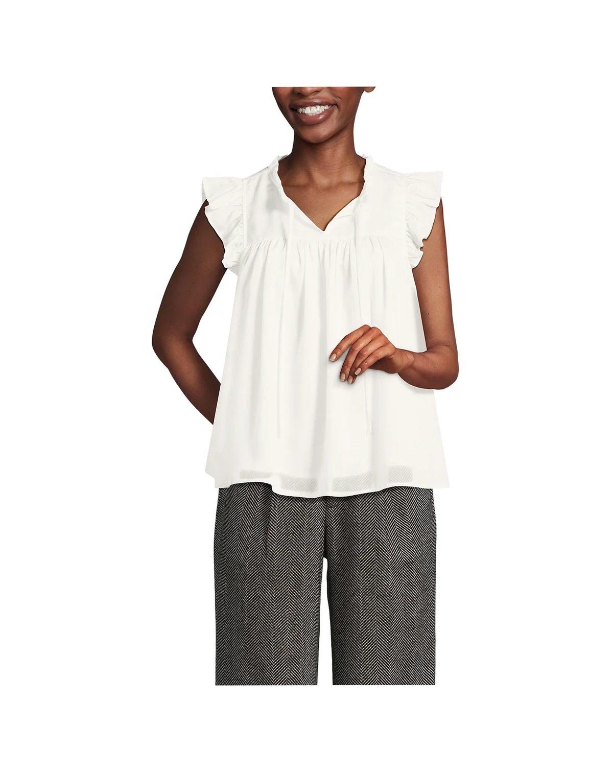 Women's Split Neck Satin Ruffle Blouse