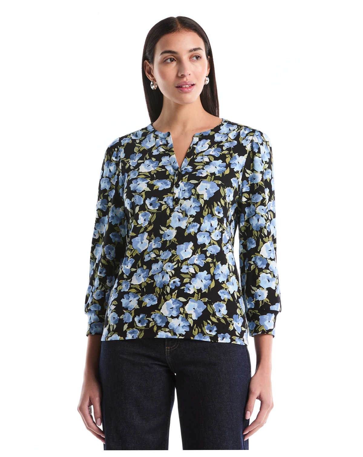 Petite Floral Print Shirred Henley Neck Top