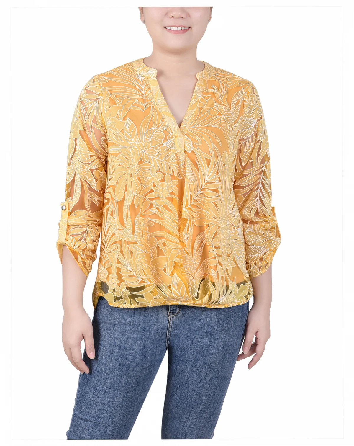 Women's Long Sleeve Burnout Y-neck Blouse