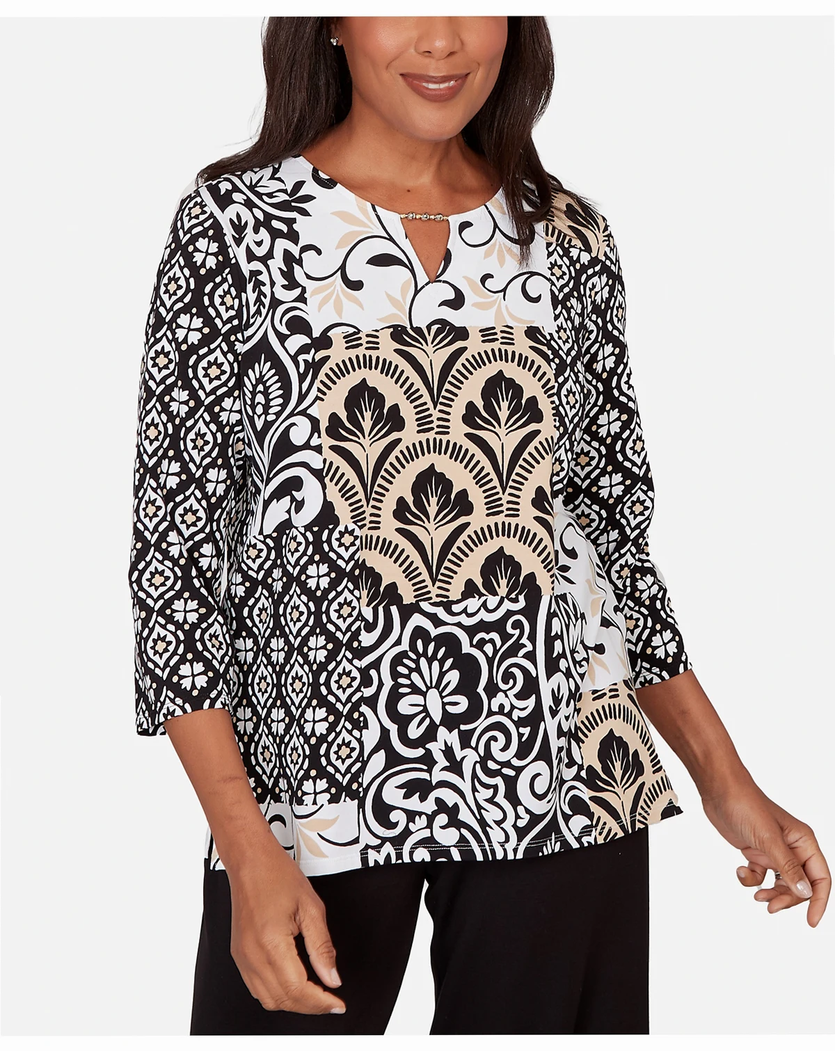 Women's Classic Geometric Scroll Patchwork Split Neck Top