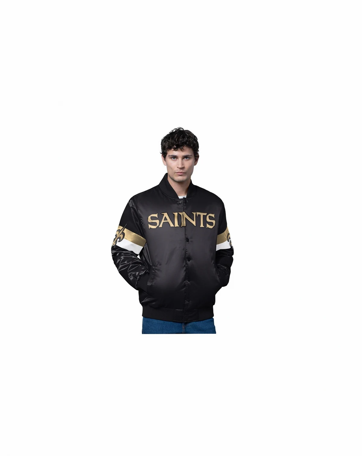 Men's Black New Orleans Saints Triple Option Satin Varsity Full-Snap Jacket