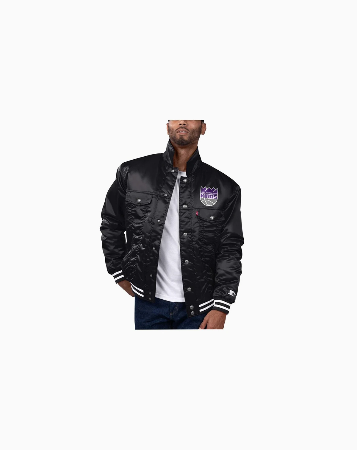 x Levi's Men's Black Sacramento Kings Silver Label Trucker Satin Full-Snap Jacket