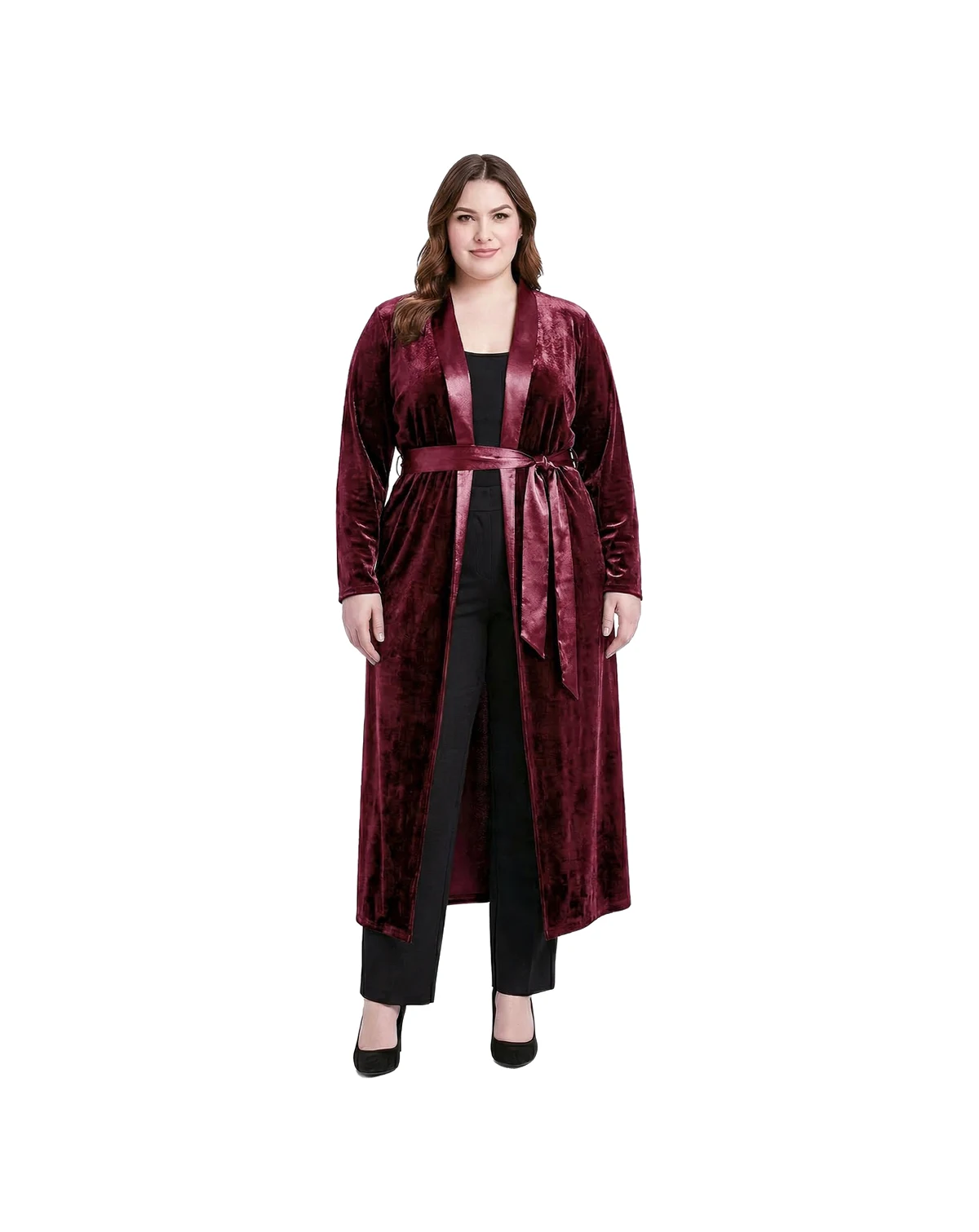 Plus Size Velvet Wrap Satin Belt Long Coat