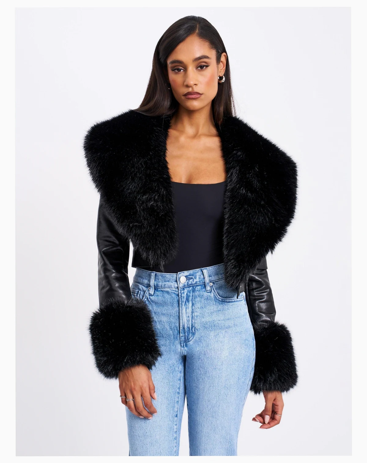 Women's Ziah Cropped Leather Jacket with Fur Collar