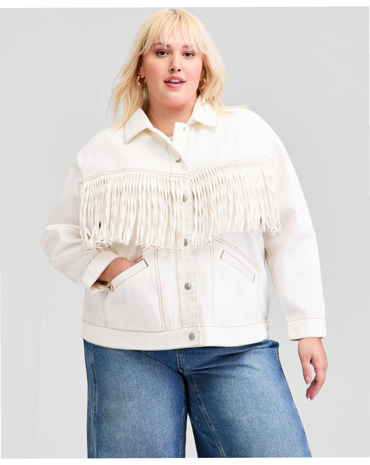 Trendy Plus Size Fringe-Trim Cotton Denim Jacket, Macy's Exclusive