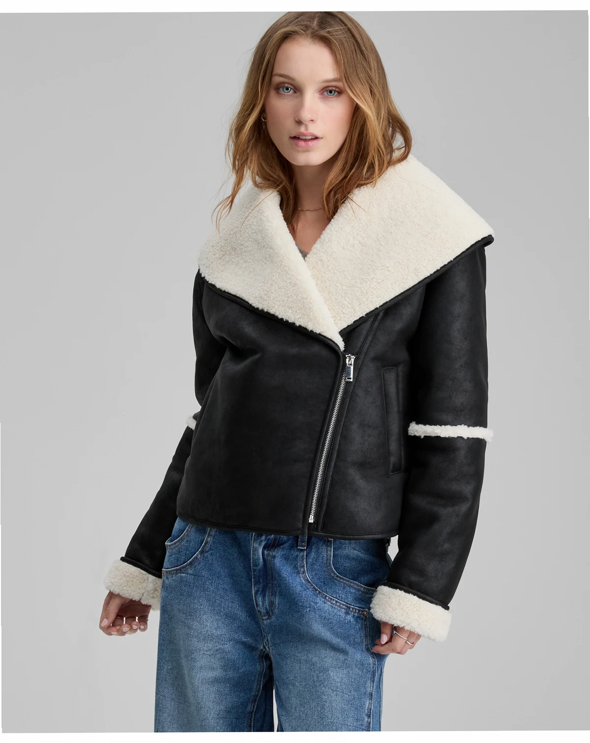 Women's Faux-Shearling Oversized Collar Moto Jacket, Macy's Exclusive