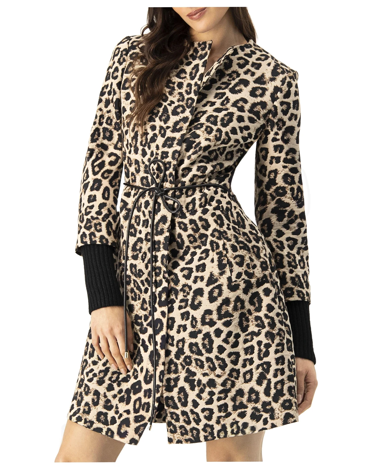 Women's Ribbed-Cuff Long Animal Print Coat