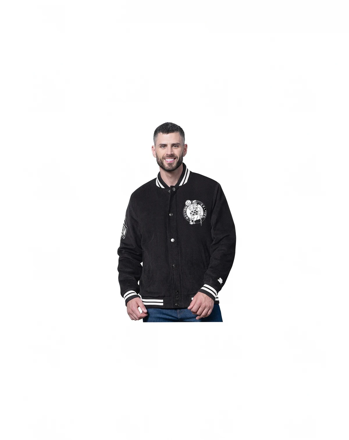 Men's Black Boston Celtics Blackout Corduroy Full-Snap Varsity Jacket