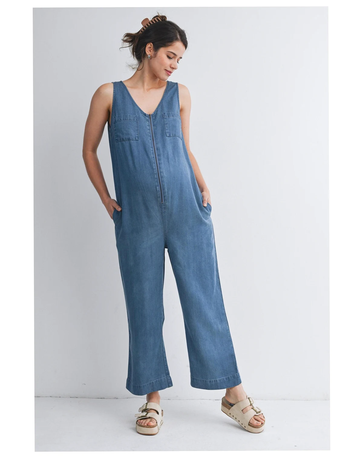 Maternity Front Zip Sleeveless Jumpsuit Nursing Friendly