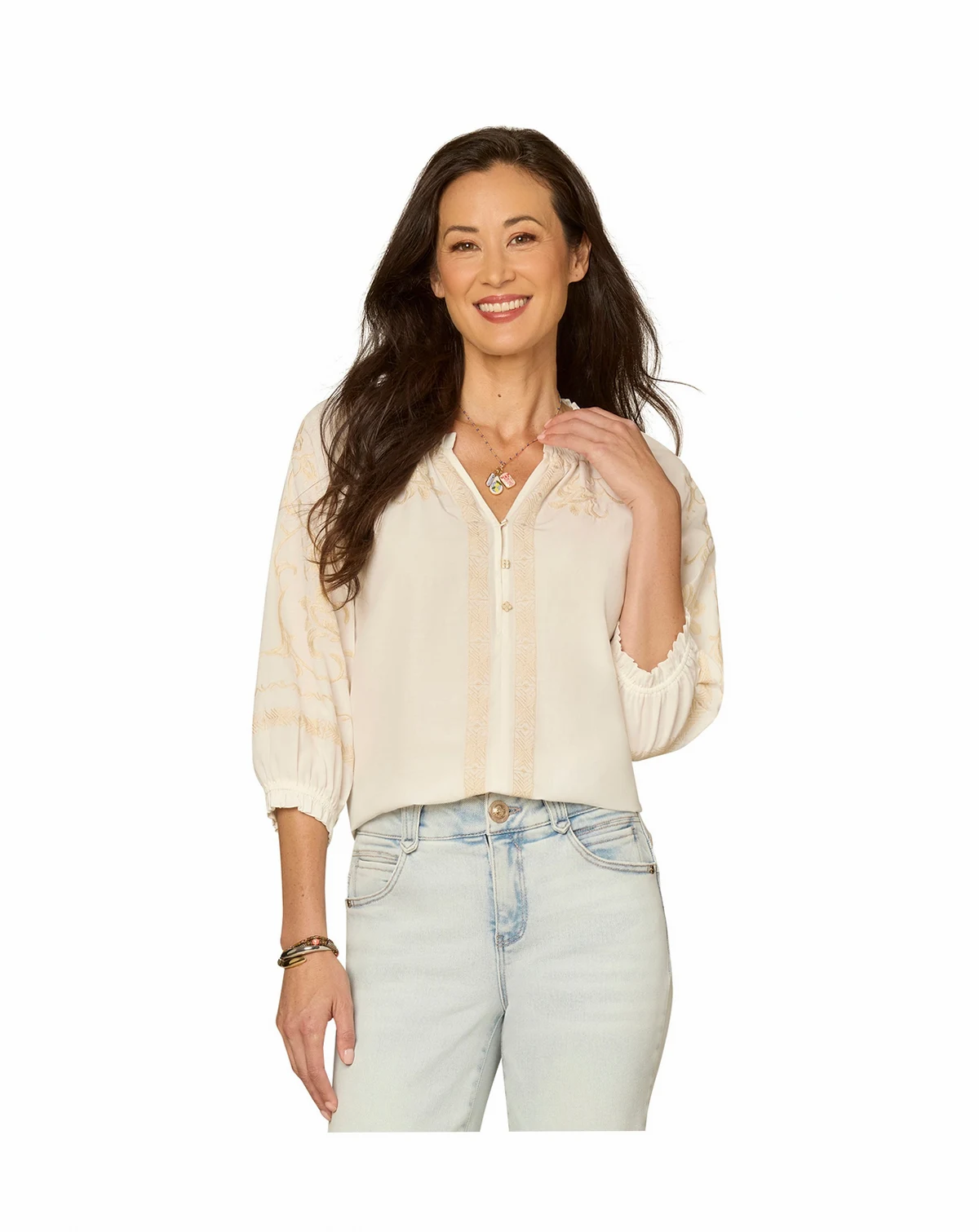Petite 3/4-Length Blouson Sleeve V-Neck Top