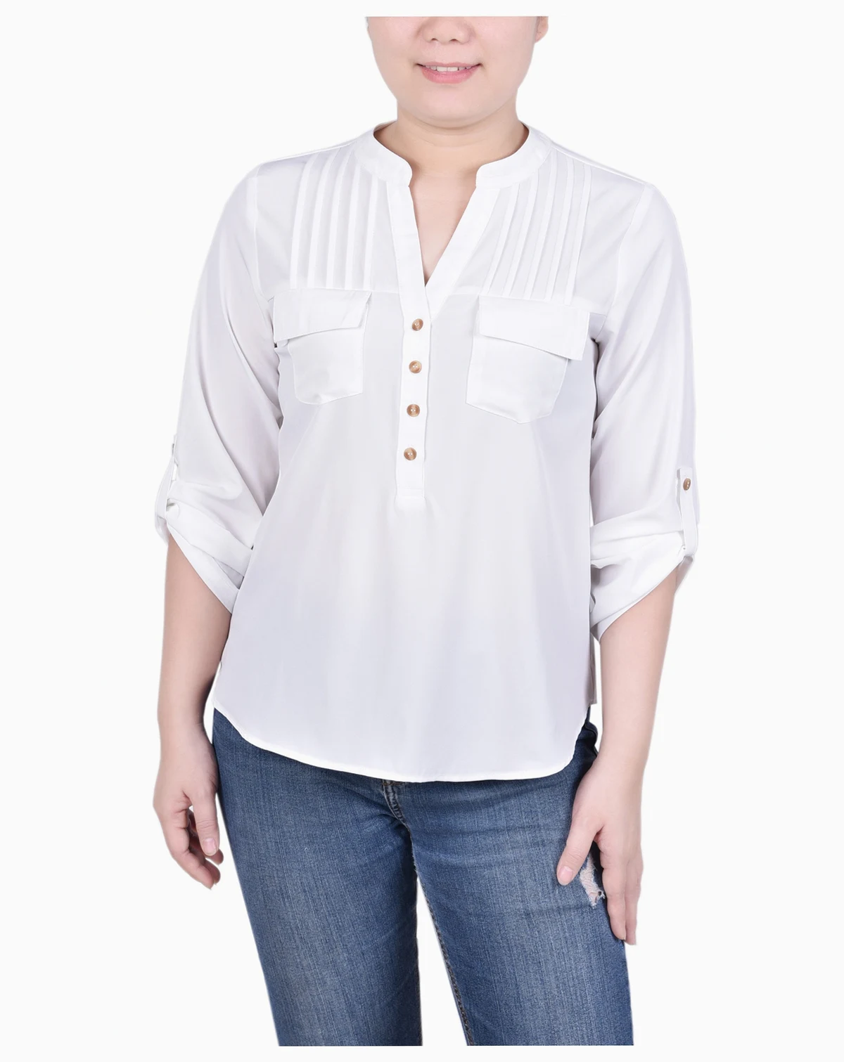 Women's Long Tab-Sleeve Blouse with Pockets