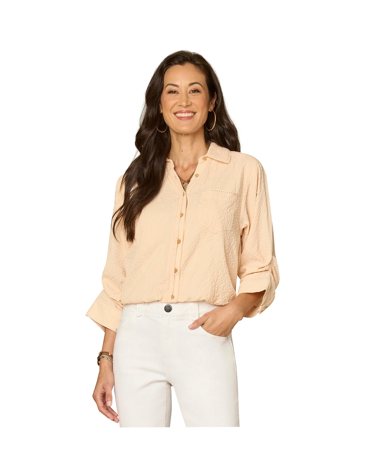 Petite Smocked Collar Bubble-Hem Striped Collared Shirt