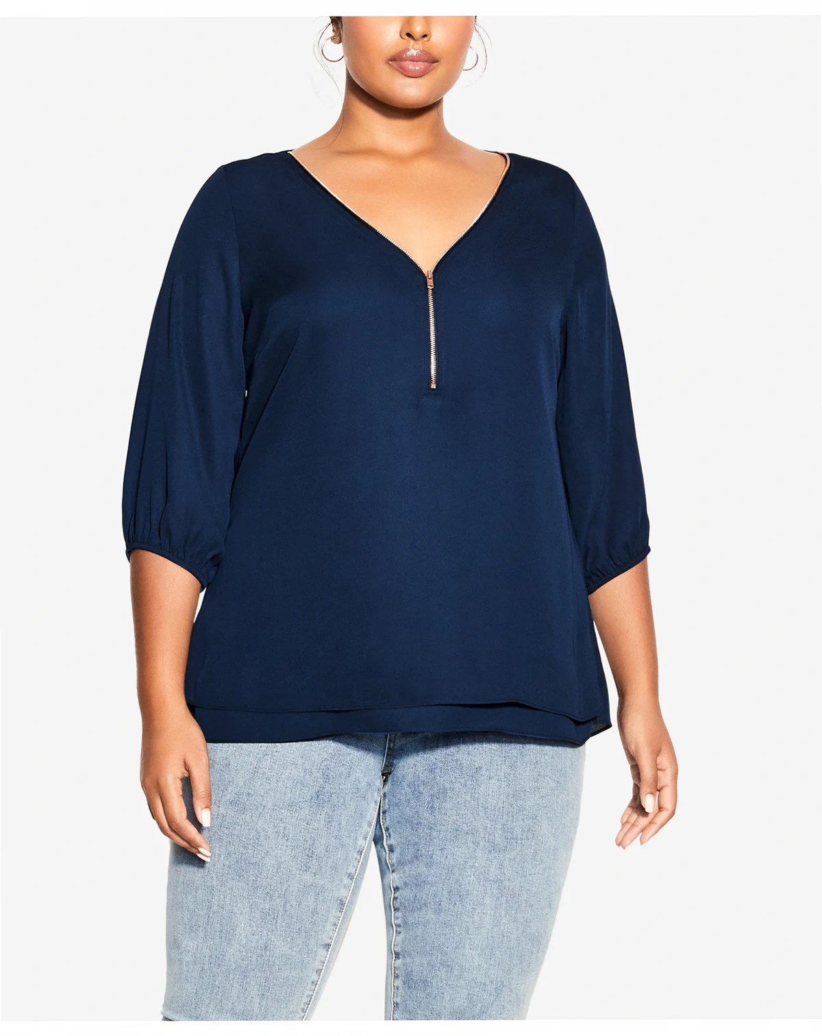 Plus Size Fashion Fling Elbow Sleeve Zip Neck Top