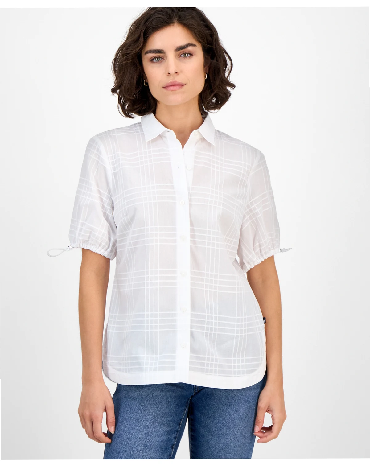 Nautica Women's Windowpane Bungee-Sleeve Camp Shirt