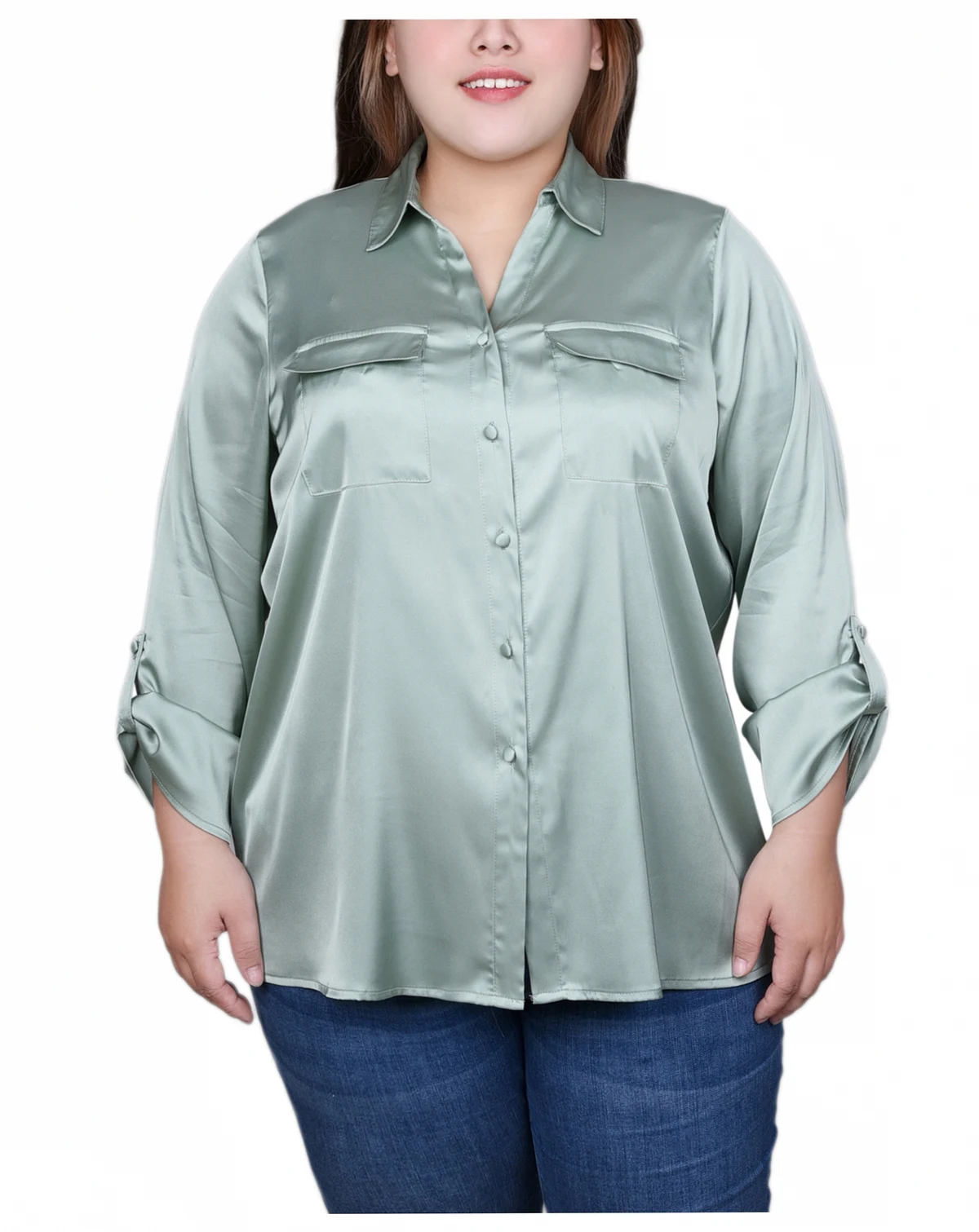 Plus Size 3/4 Sleeve Roll Tab Satin Blouse