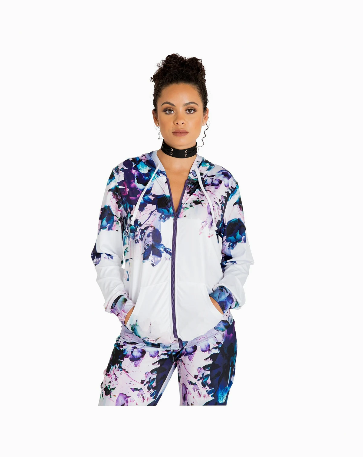 Women's Curvy Fit Active Zip-Up Floral Print Poly Tricot Hoodie