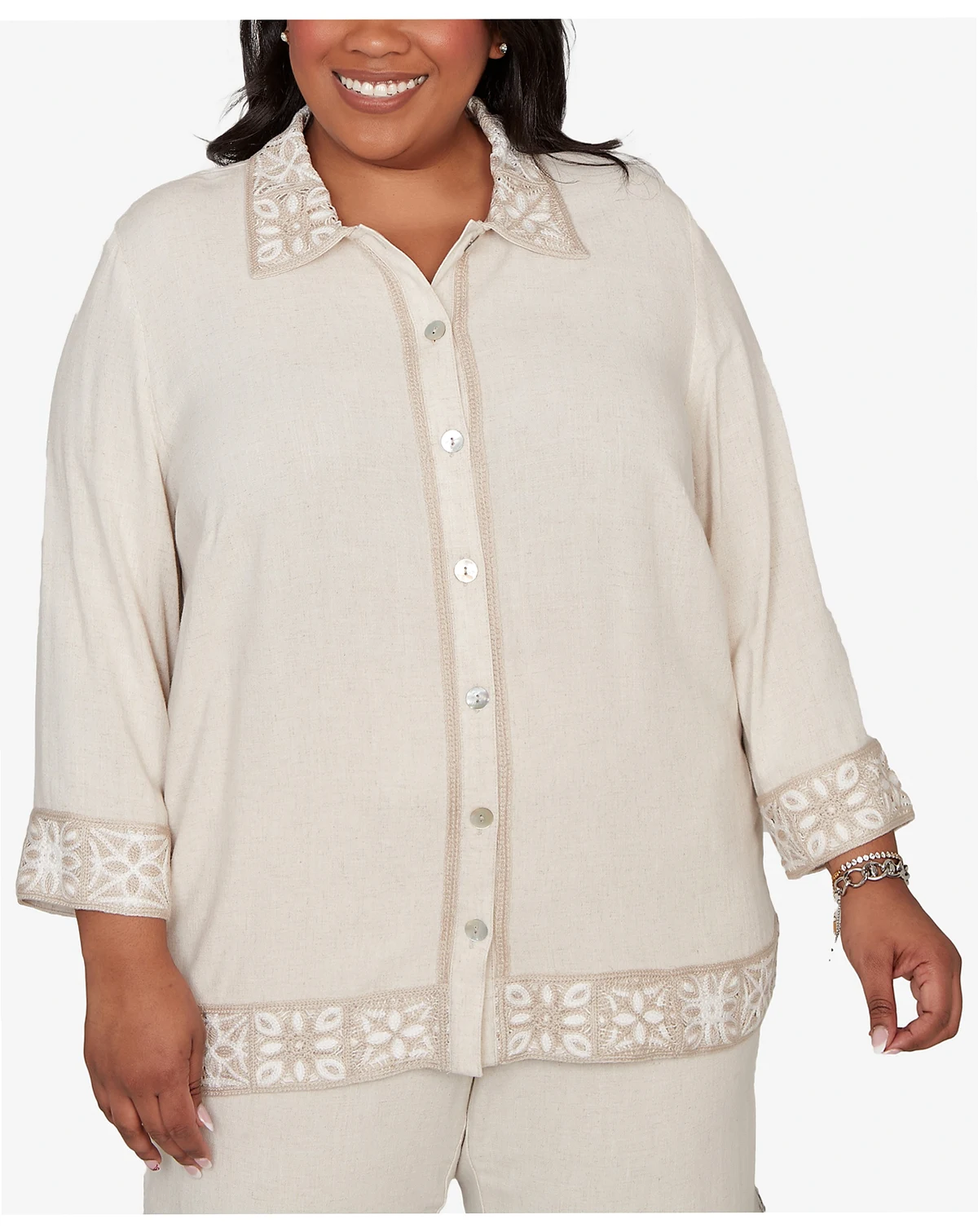 Plus Size Natural Wonder Embellished Crochet Trim Linen Jacket