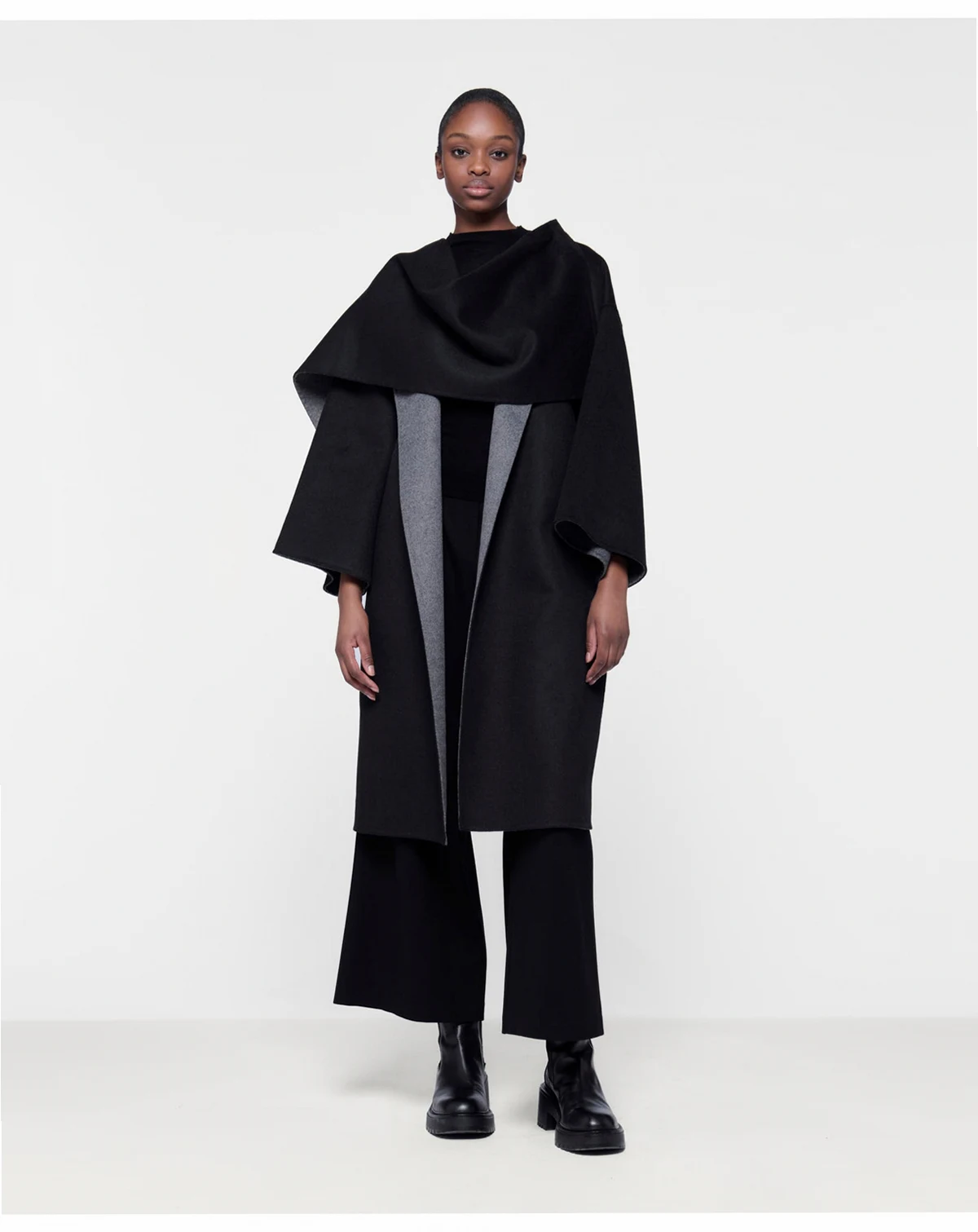 Women's Reversible Cacoon Coat with Scarf Detail