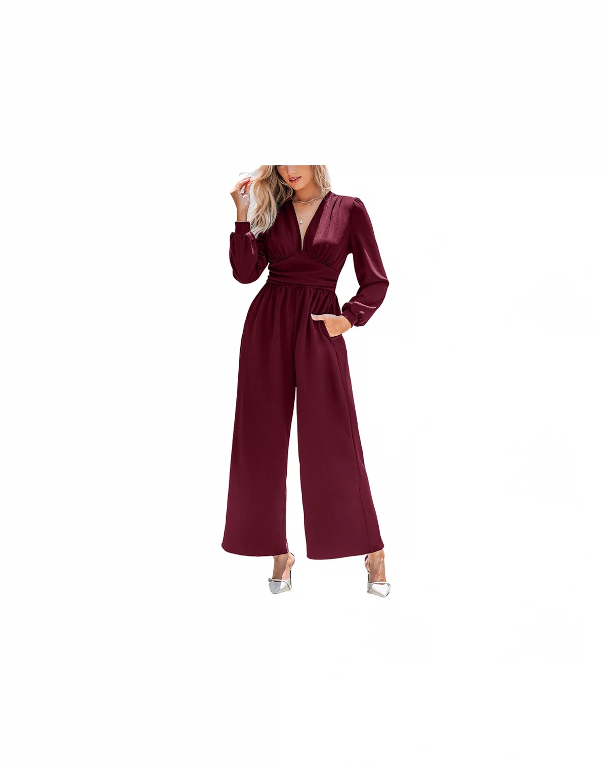 Women's Plunging V-Neck Long Sleeve Wide-Leg Jumpsuit