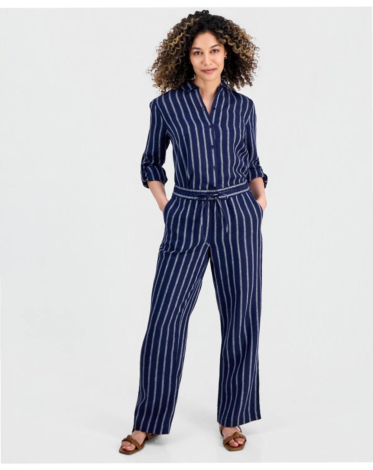 Petite Linen Savannah Stripe Drawstring Pants, Macy's Exclusive
