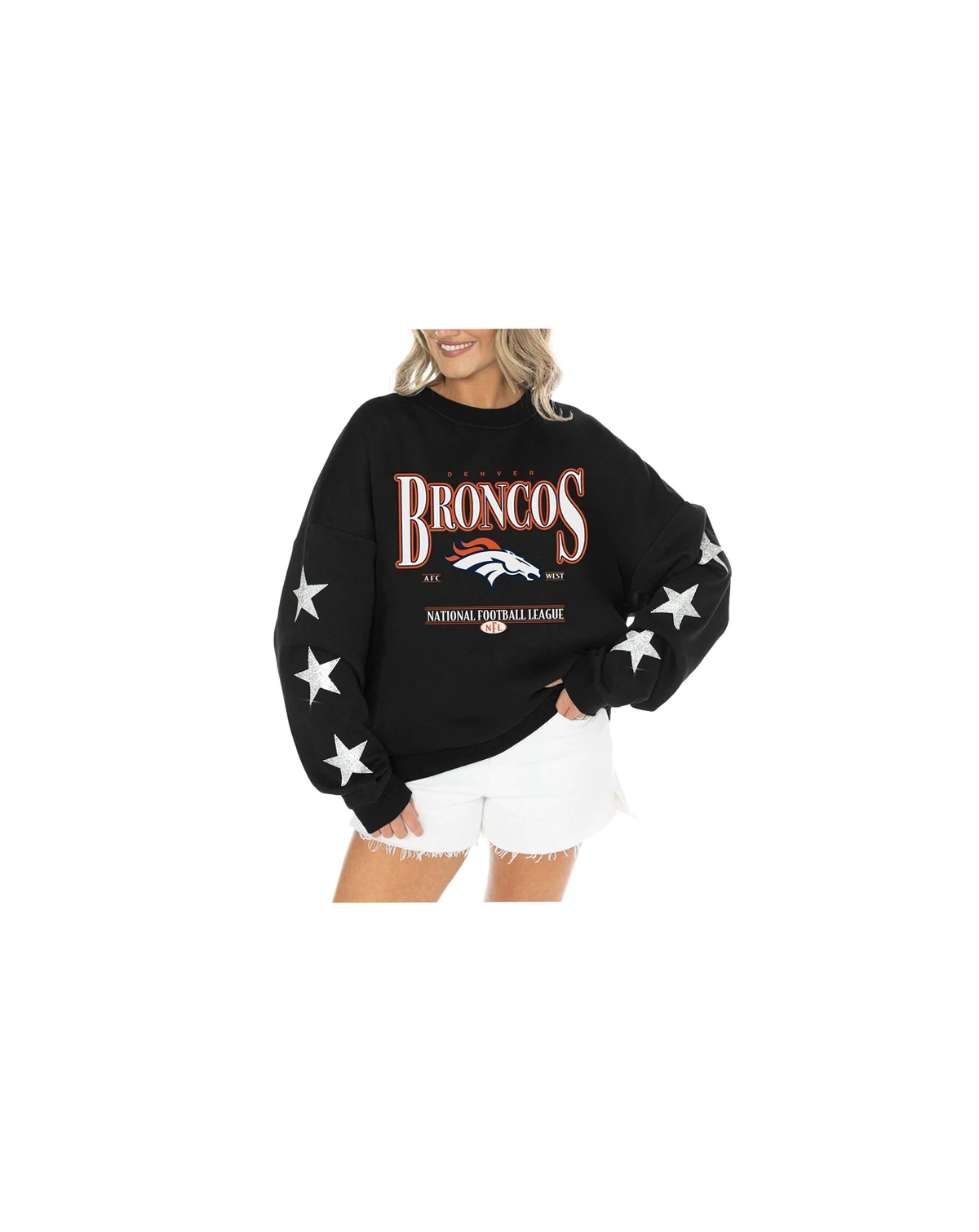 Women's Black Denver Broncos Rhinestone Star Sleeve Settle the Score Tri-Blend Pullover
