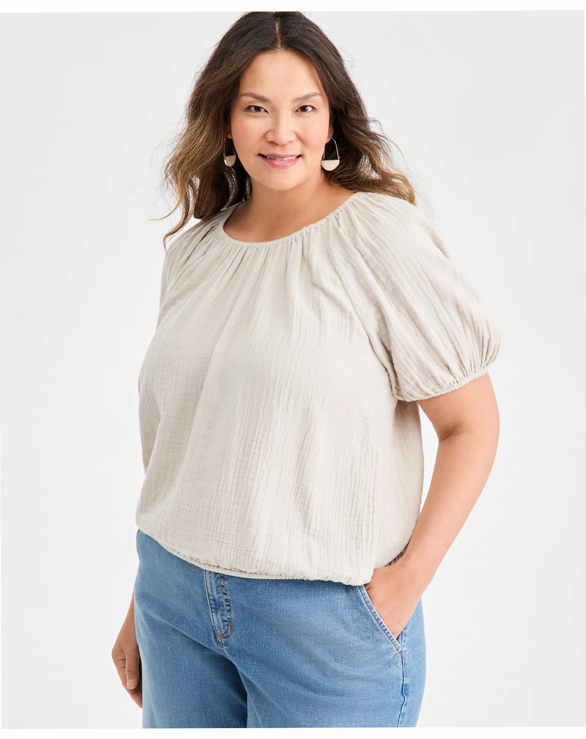 Plus Size Cotton Puff-Sleeve Bubble Top, Macy's Exclusive