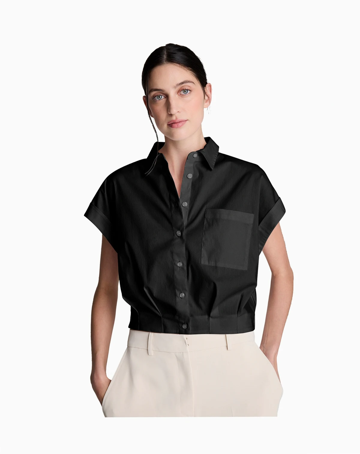 Women's Short-Sleeve Button-Front Collared Cropped Shirt