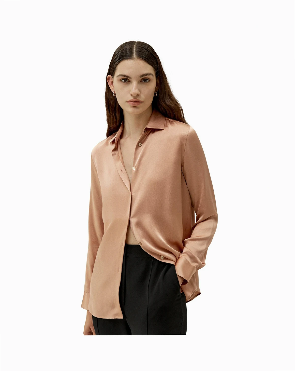 Women's Minimalist Placket Silk Blouse with Shell Buttons