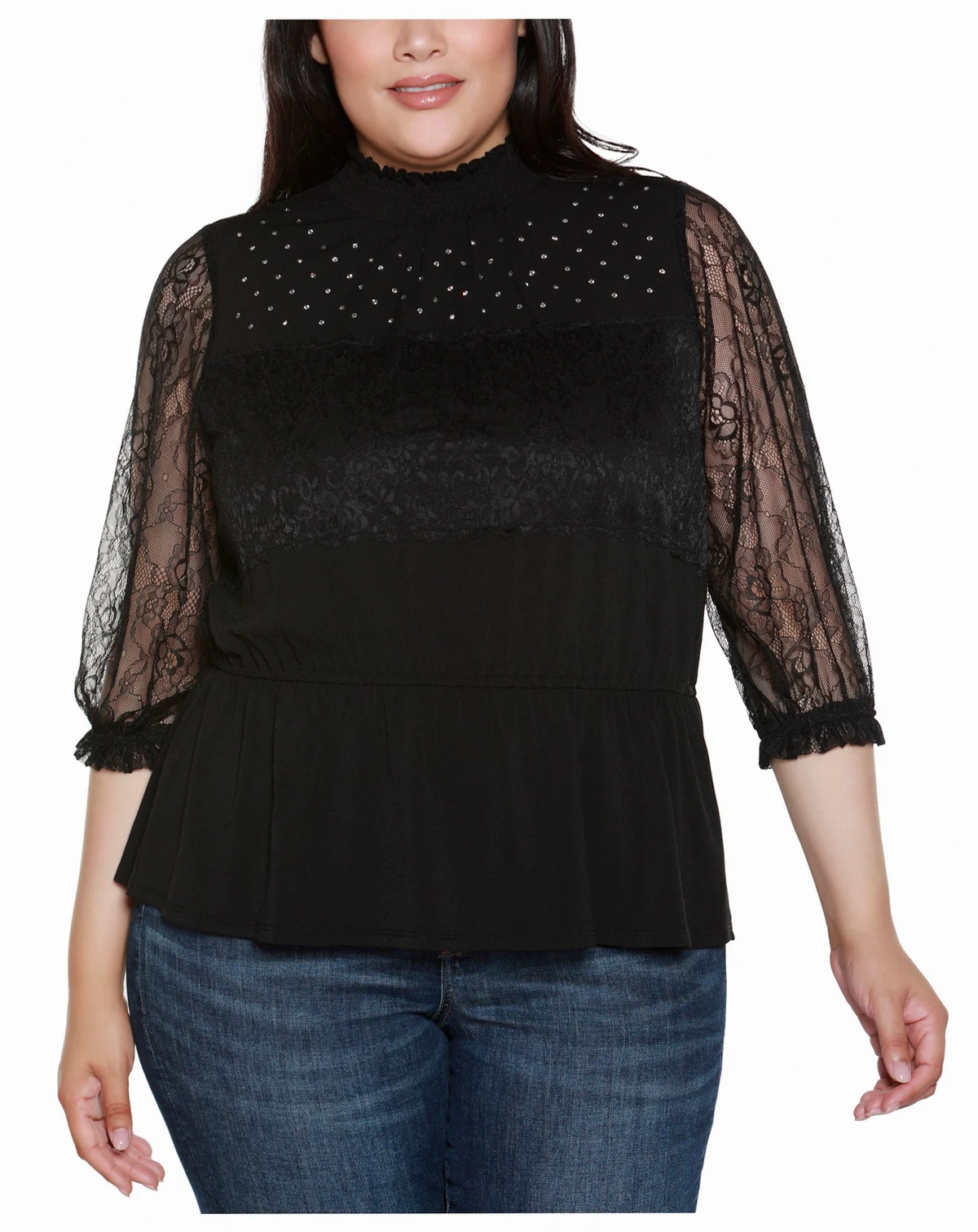 Plus Size Mixed-Media Embellished Knit Top