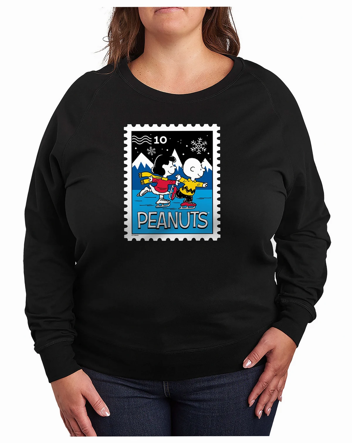 Plus Size Peanuts Lucy Charlie Winter Stamp Word Art Pullover T-shirt
