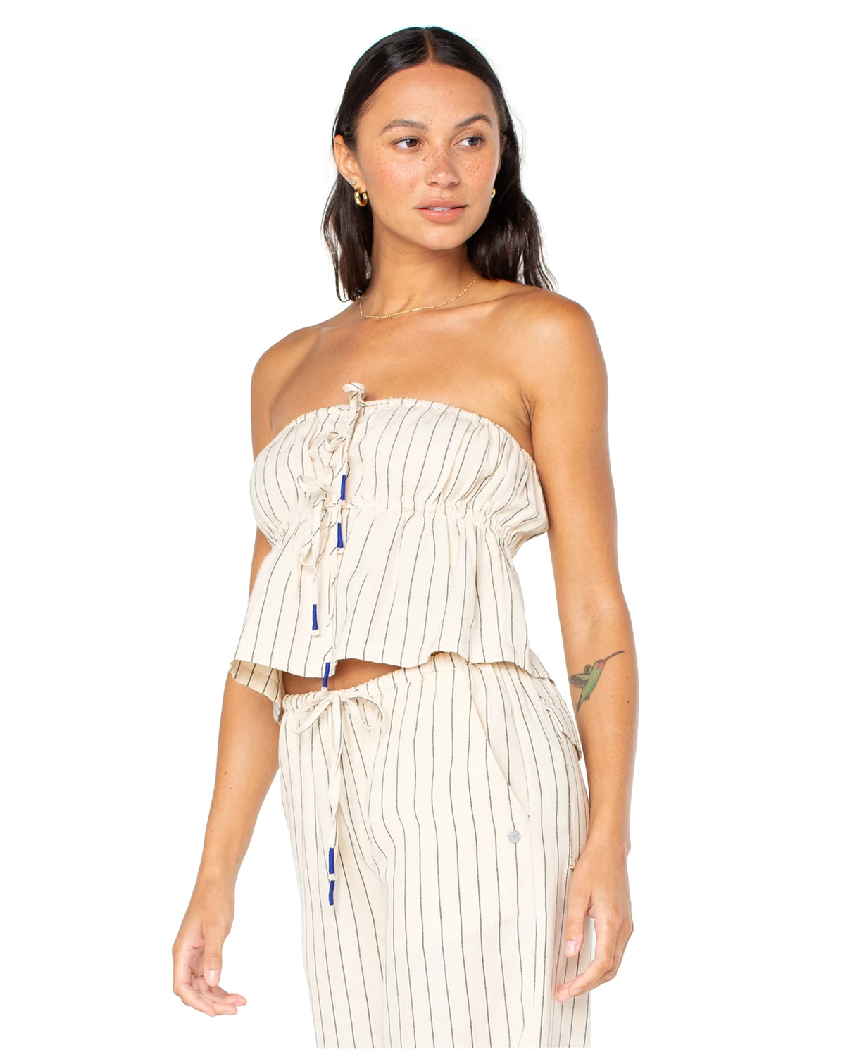 Juniors' Iyla Striped Tie-Front Drawstring-Waist Cropped Top