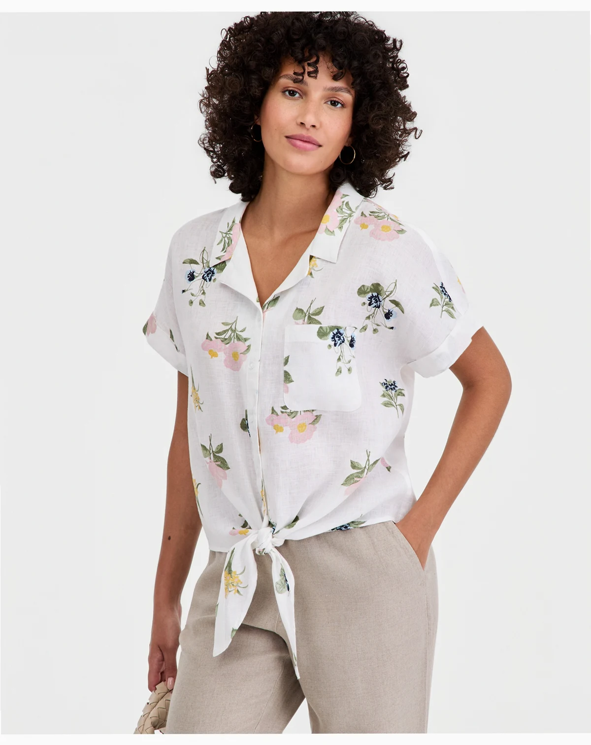 Women's 100% Linen Tie-Front Short-Sleeve Camp Shirt, Created for Macy's