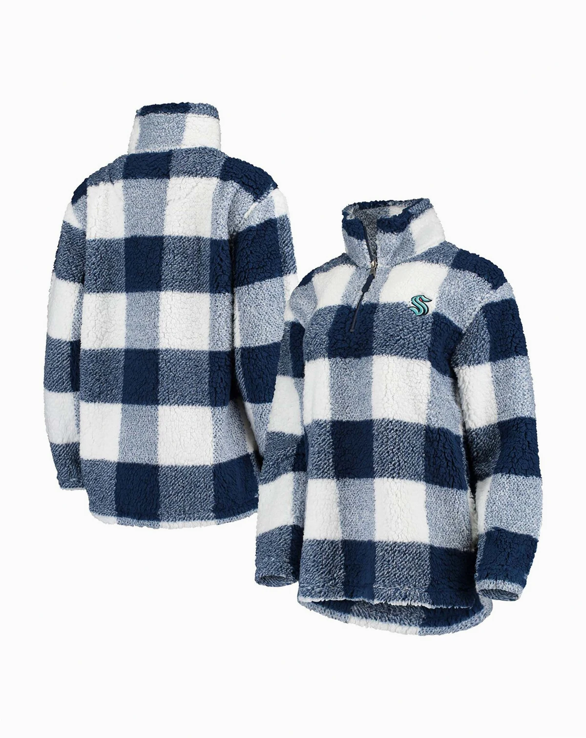 Women's Deep Sea Blue and White Seattle Kraken Plaid Sherpa Quarter-Zip Jacket