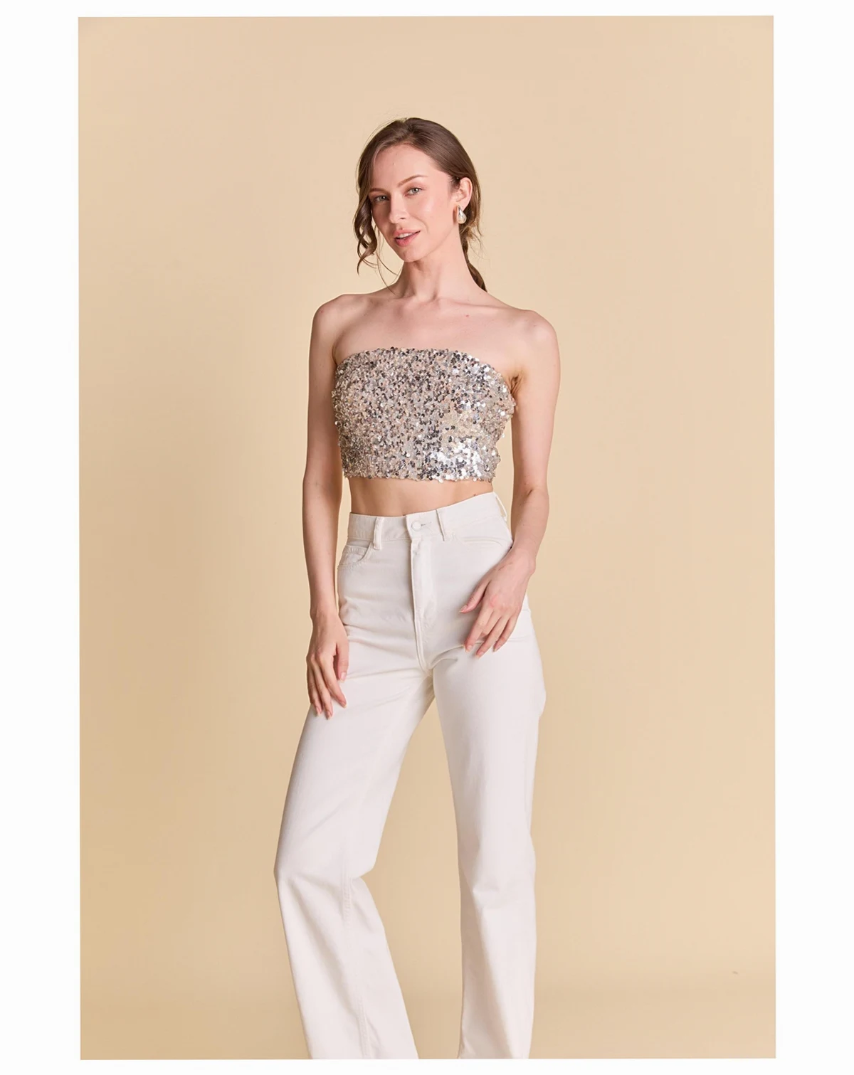 Women's Beaded Sequins Strapless Top
