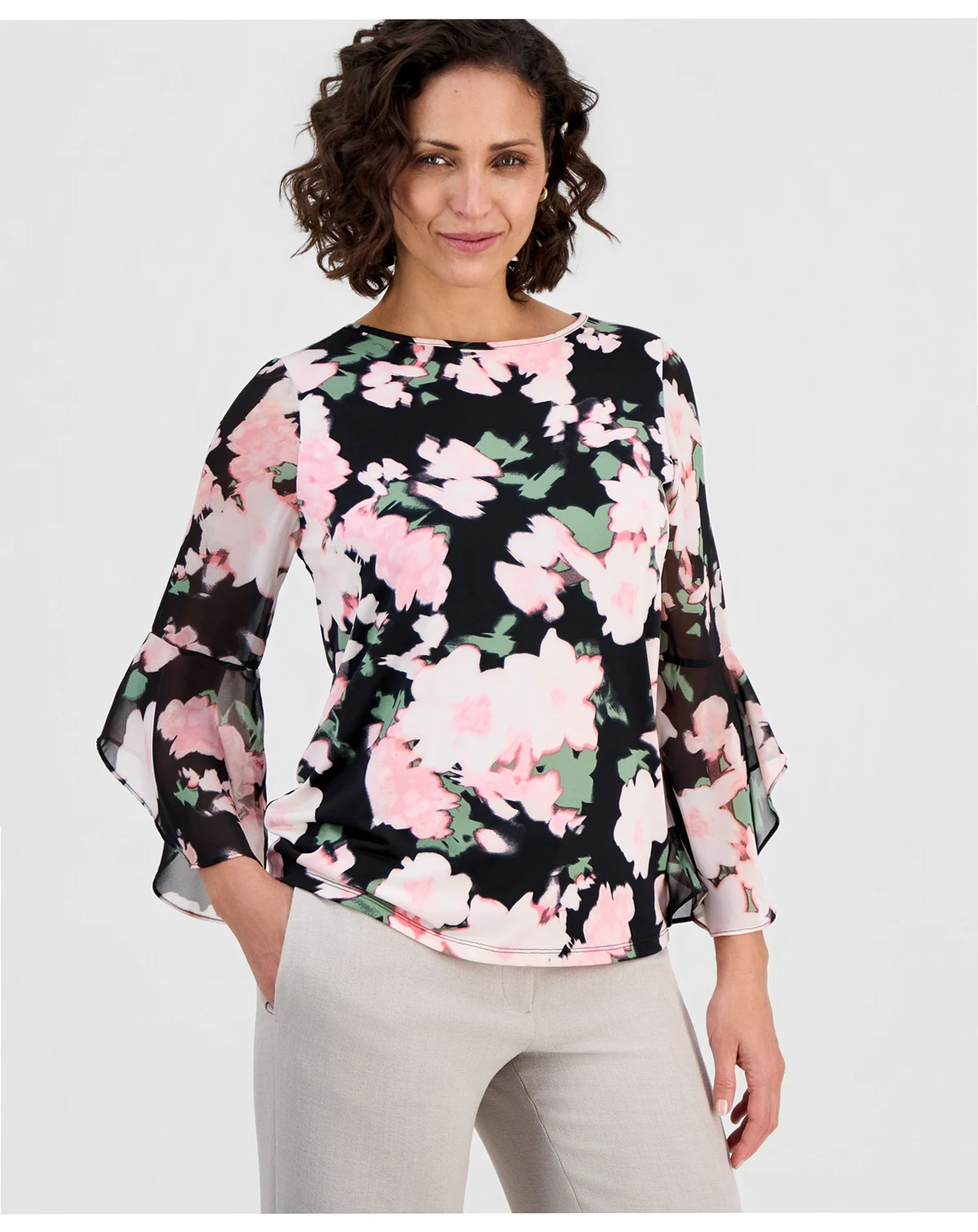 Women's Floral-Print Flutter-Sleeve Top, Regular & Petite