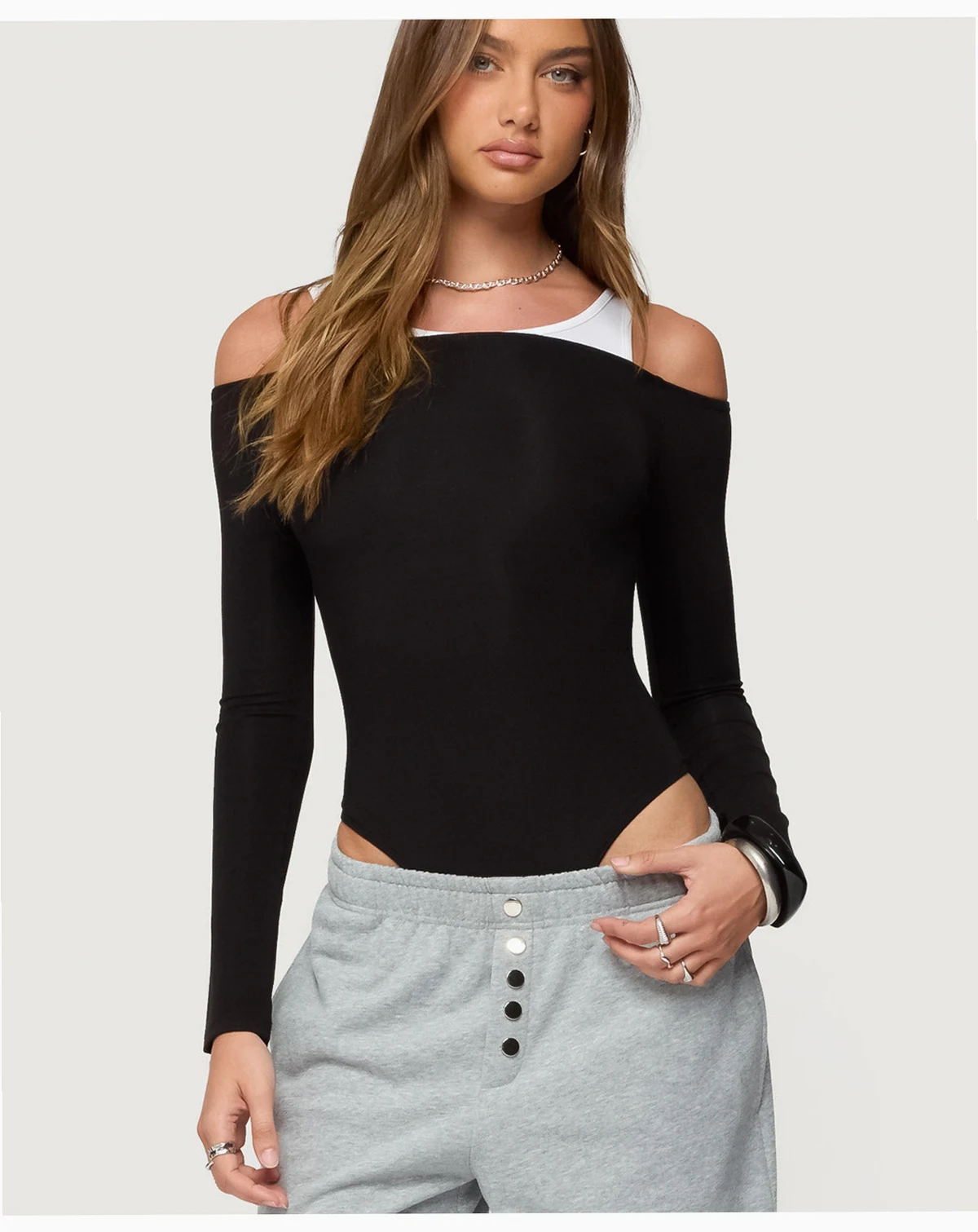 Women's Layered Ribbed Off Shoulder Bodysuit