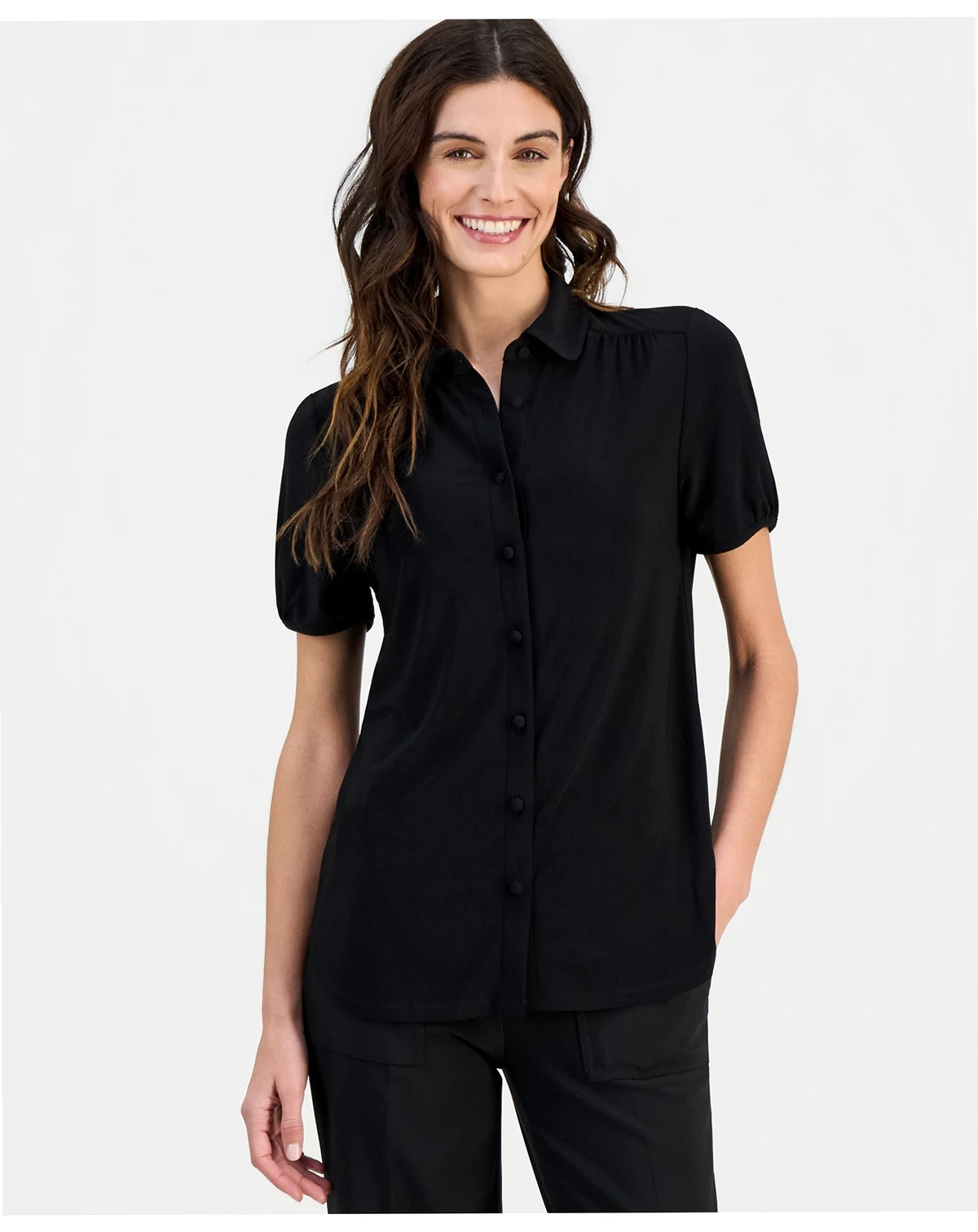 Women's Collared Button-Front Short-Sleeve Top