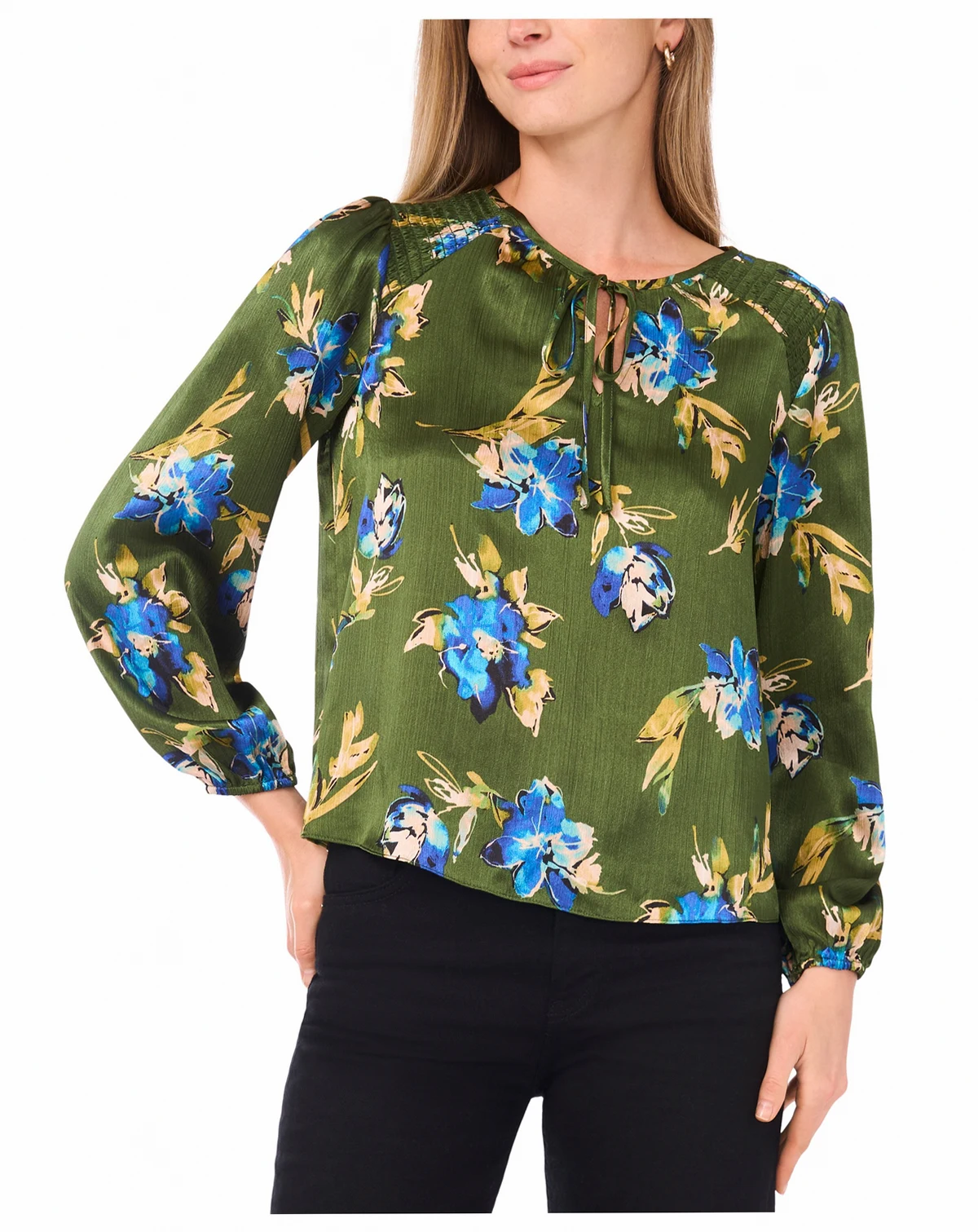 Petite Long-Sleeve Ruched Shoulder Tie Top