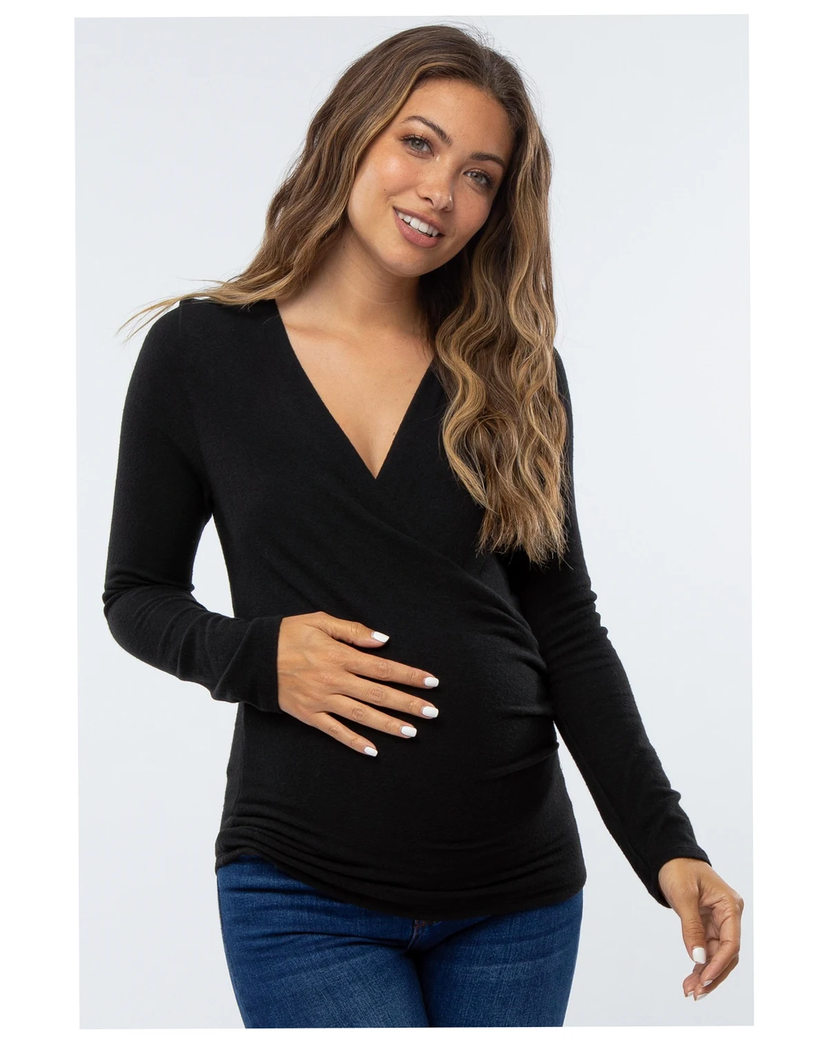 Maternity Navy Blue Brushed Knit Wrap Front Top