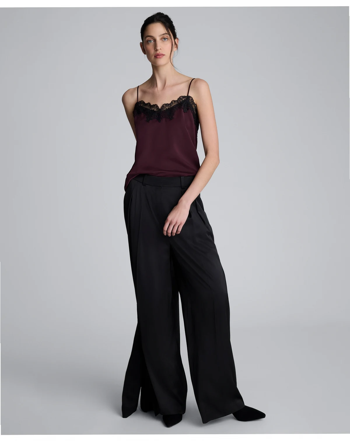 Women's Satin Sleeveless Lace Trim Cami Top